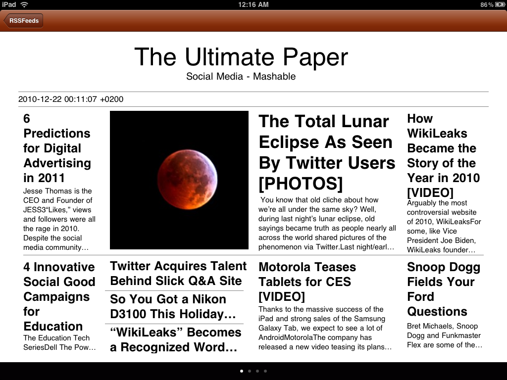 Newspaper view for mashable.coms in landscape